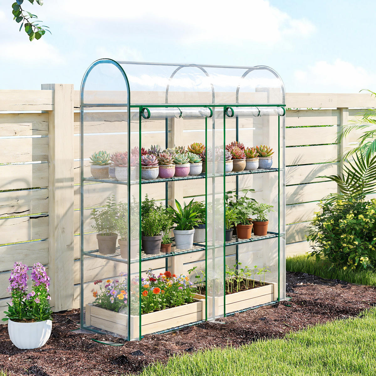 GEWÄCHSHAUS DE-12068 mit 3 Etagen & 2 Rolltüren Transparent - Transparent, Kunststoff (46/164/143cm) - ComfortXL