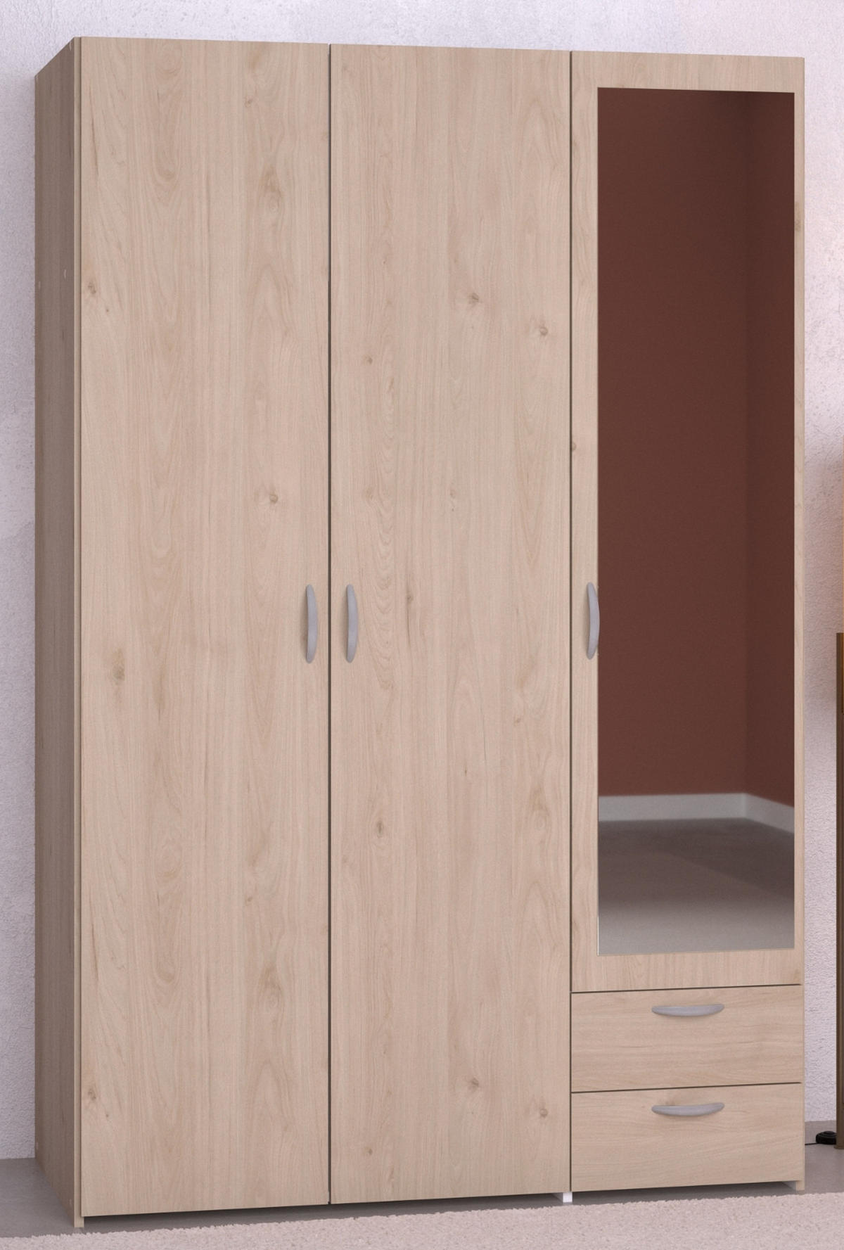 KLEIDERSCHRANK mit Spiegel Eiche 120cm 3-türig Drehtürenschrank - Eichefarben/Silberfarben, Holzwerkstoff/Kunststoff (120/185/51cm) - Furn.Design