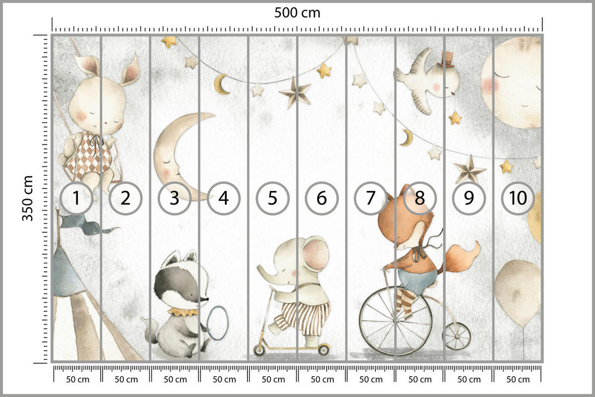 FOTOTAPETE für Kinderzimmer Zirkus Tiere Elefant Fuchs Monde Sterne 500x350 - Gelb/Beige, Papier (500/350cm) - Muralo