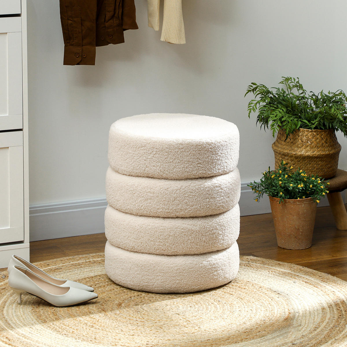 SITZHOCKER, Fußhocker, Runder Polsterhocker, Fußstütze mit Sitzkissen - Beige/Naturfarben, Holz/Textil (40/45/40cm) - HOMCOM