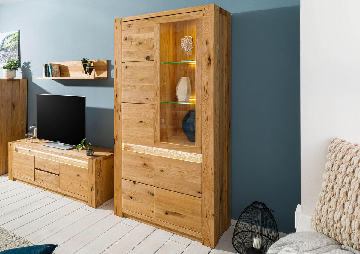 VITRINE Wildeiche 113x40x205 natur geölt KENT #102 - Braun, Holz (113/205/40cm) - Massivmoebel24