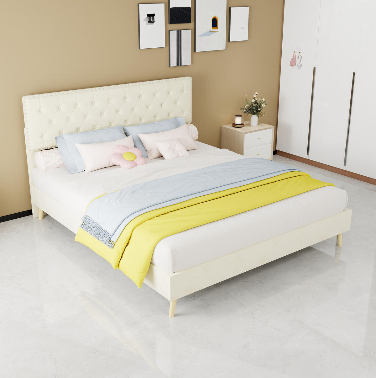 POLSTERBETT 160/200 cm mit hohem Kopfteil, Stauraum unter dem Bett und Matratze, Beige - Beige, Textil (160/200cm) - Redom