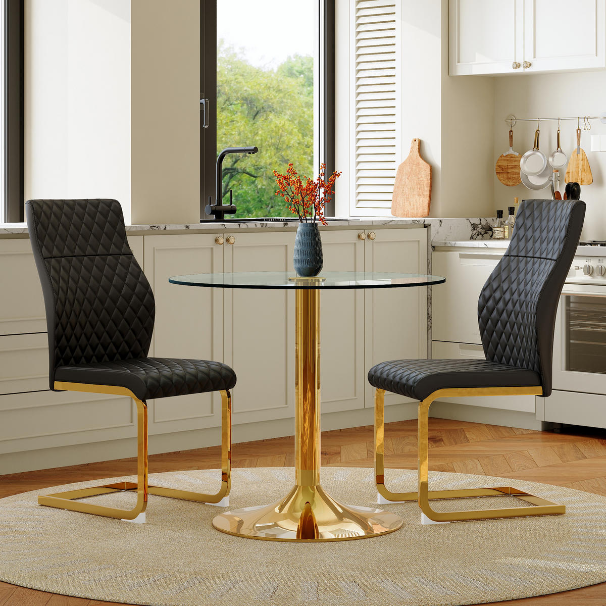 ESSGRUPPE DE-39470 3-teilig, Glastisch und 2 Stühlen mit Rautenmuster Schwarz - Schwarz, Metall (85/75/85cm) - ComfortXL