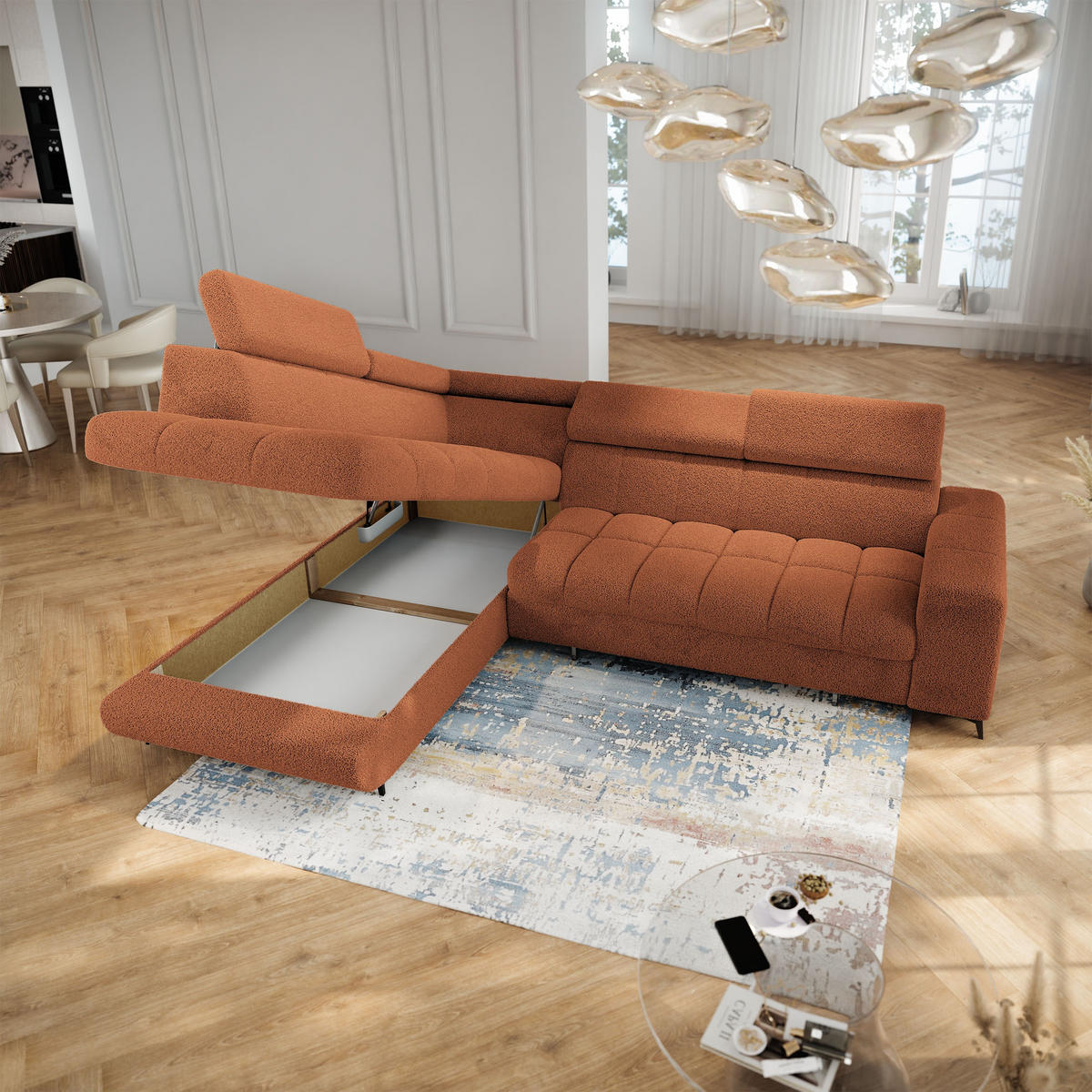 ECKSOFA MORIVA Q L-S Orange Boucle-Stoff mit Schlaffunktion - Orange, Holzwerkstoff/Textil (253/190cm) - MASSENO