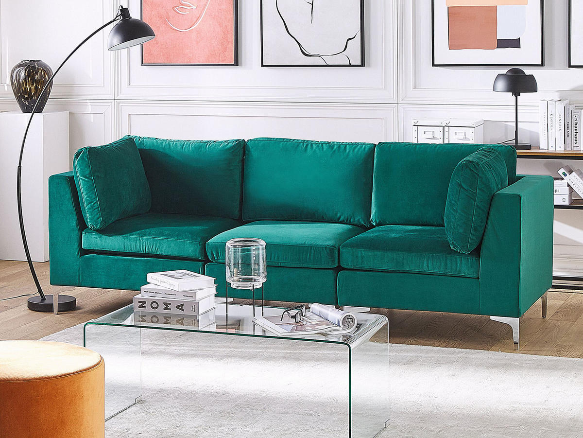 3-SITZER-MODULSOFA Samtstoff grün mit Metallbeinen Evja - Grün, Textil (235/84/85cm) - Beliani