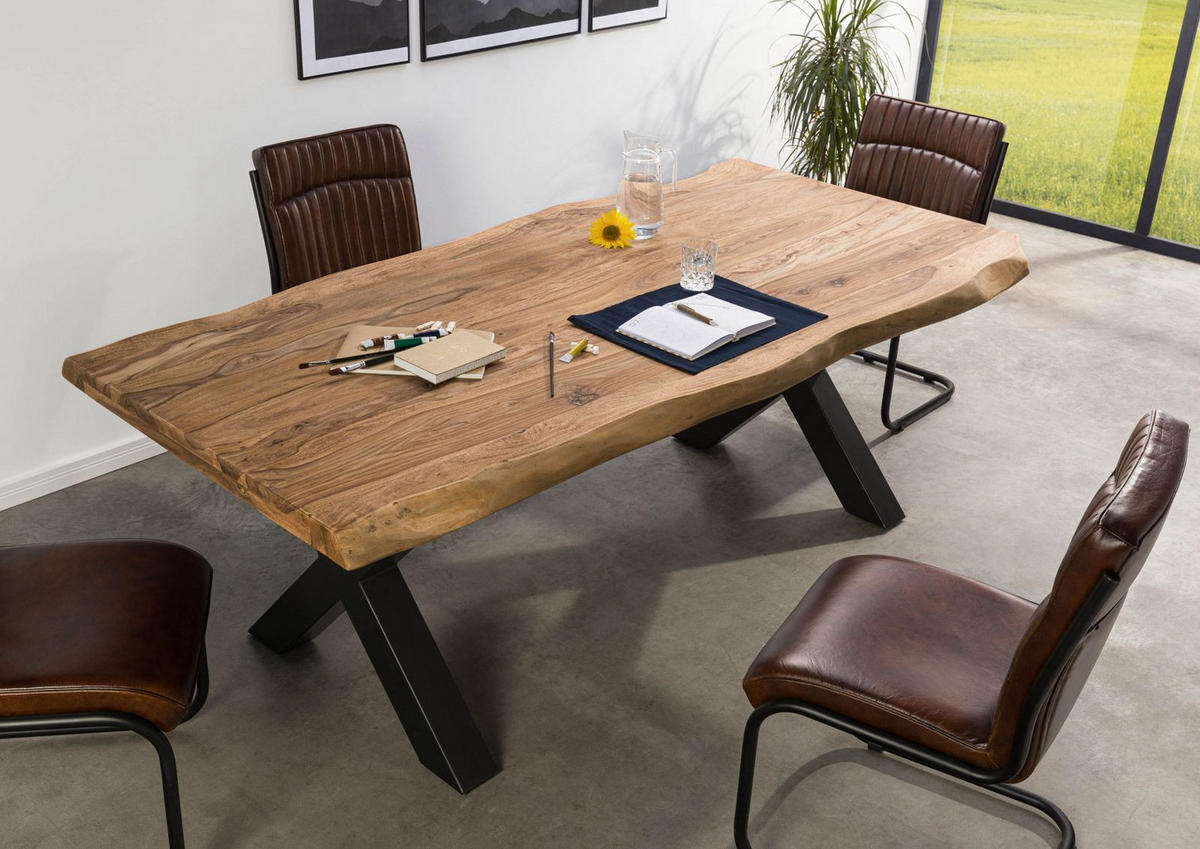 BAUMTISCH Sheesham 240x100x77 natur gebeizt / X-Beine anthrazit matt FREEFORM 5 - Naturfarben, Holz (240/100/77cm) - Massivmoebel24