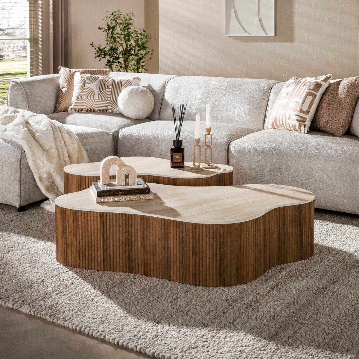 COUCHTISCH Set CERAMO GRANDE 2-teilige XXL-Loungetische im Monolith-Design - Hellbraun/Beige, Keramik (135/75/34cm) - alesvelt