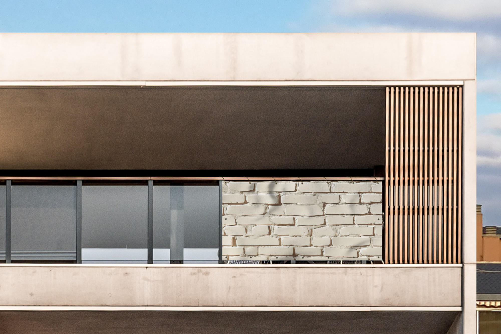 BALKON-SICHTSCHUTZ Ziegel - Wand - Licht - Weiß - Creme, Kunststoff (200/90cm) - MuchoWow