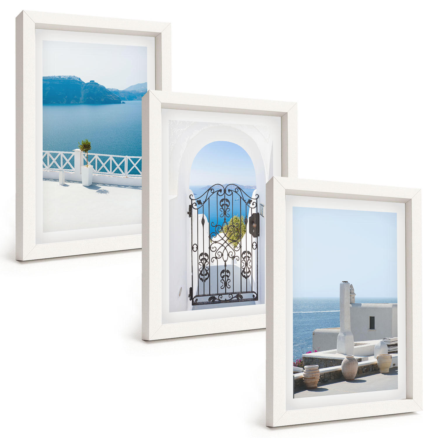 BILDER SET 3er Set - 20x30 cm Weißer Rahmen - Gebäude am Weißen Meer, Griechenland - Weiß, Kunststoff (20/30cm) - TULUP