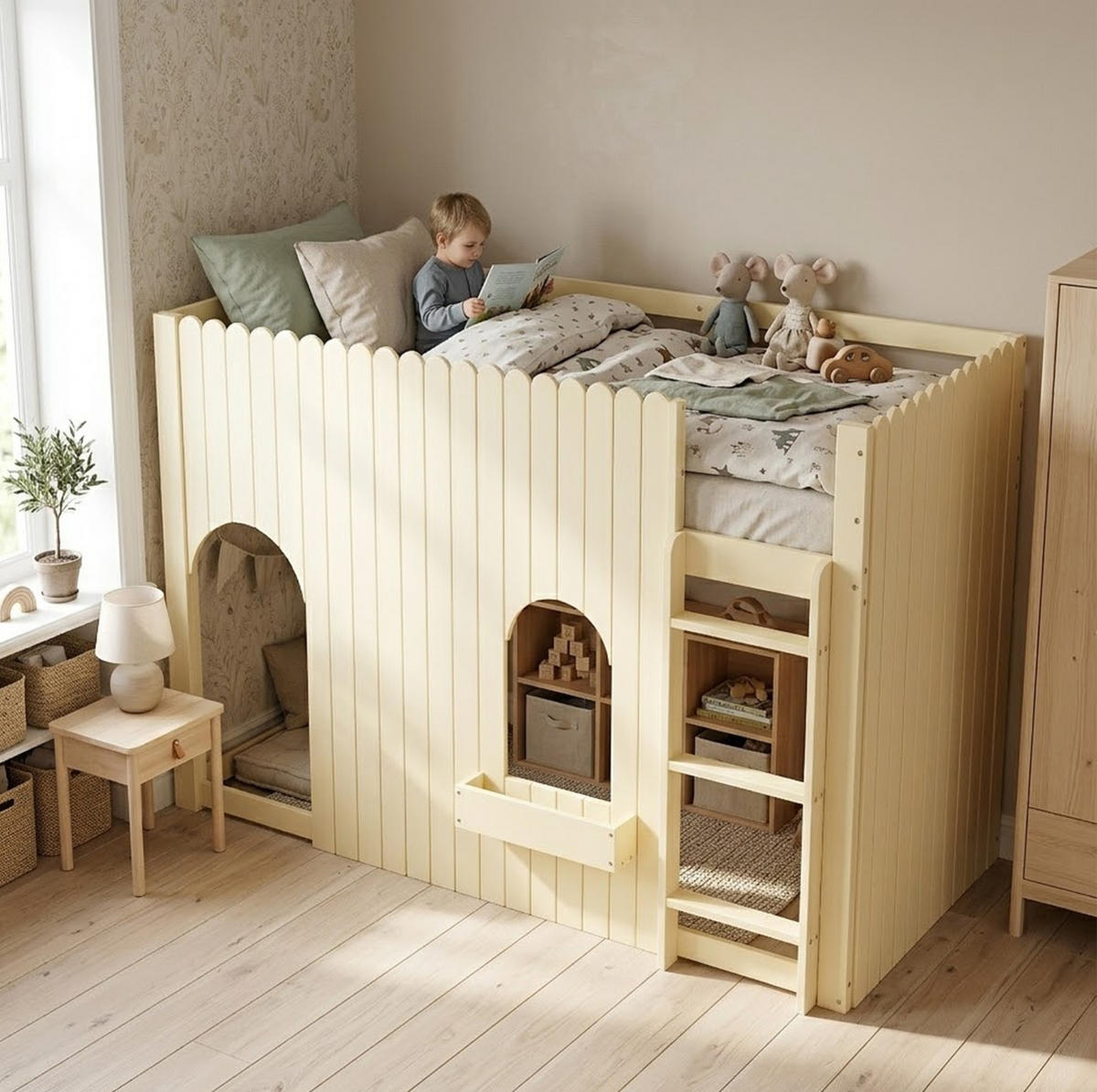 HOCHBETT Natur 90/200 cm mit LED und Leiter ohne Matratze - Naturfarben, Holz (90/200cm) - MIVRAY