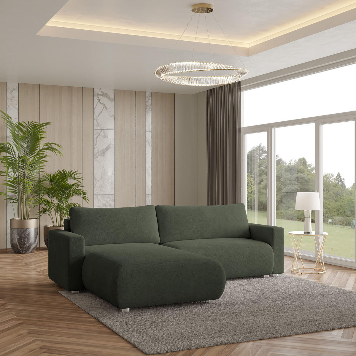 ECKSOFA TURIN N Grün Bucle-Stoff mit Schlaffunktion - Grün, Holz (265/183cm) - MASSENO