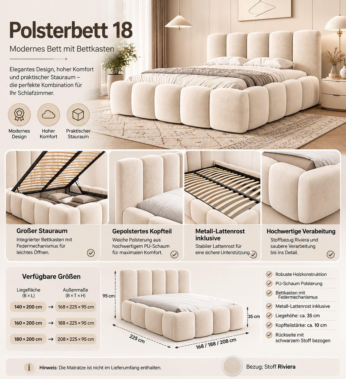 POLSTERBETT 18 - 140x200 cm – Riviera – Gepolstertes Bett mit Metall-Lattenrost - Bordeaux, Holz (140/200cm) - ROYAL24_MARKT