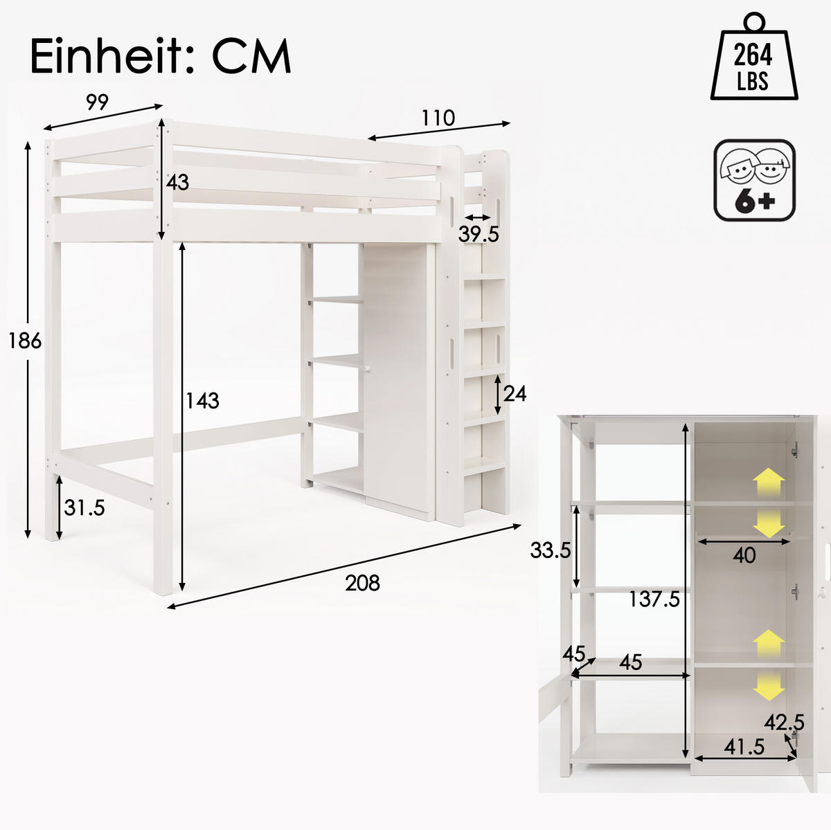 HOCHBETT 90/200 cm mit Kleiderschrank, 6 Regalen und flexibler Montage aus Massivholz und Spanplatte, Weiß - Weiß, Holzwerkstoff - Redom