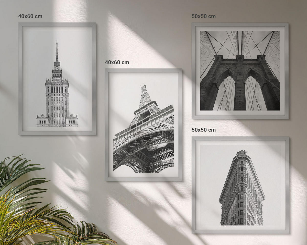 WANDBILDER 4er Set - 50x50 cm & 40x60 cm Silberner Rahmen - Architektur Schwarz-Weiß-Minimalismus - Silberfarben, Kunststoff (50/50cm) - ArtPrintCave