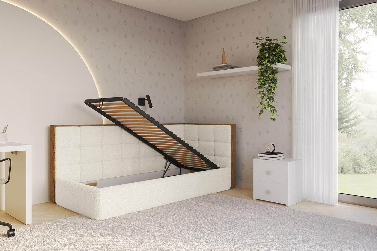 EINZELLBETT Jugendbett mit Bettkasten und Matratze H3/H4, Links - SOVY 90x200 Beige - Champagner, Holzwerkstoff/Textil (90/200cm) - ALTDECOR