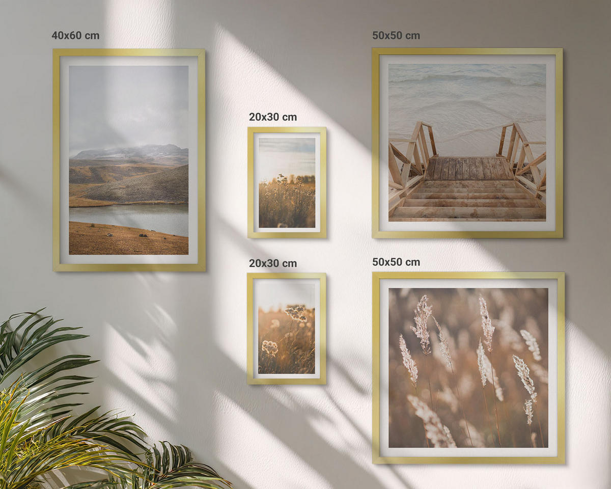 BILDER SET 5er Set - 50x50 cm & 20x30 cm & 40x60 cm Goldrahmen - Landschaften Wiesen Berge See - Goldfarben, Kunststoff (40/60cm) - TULUP