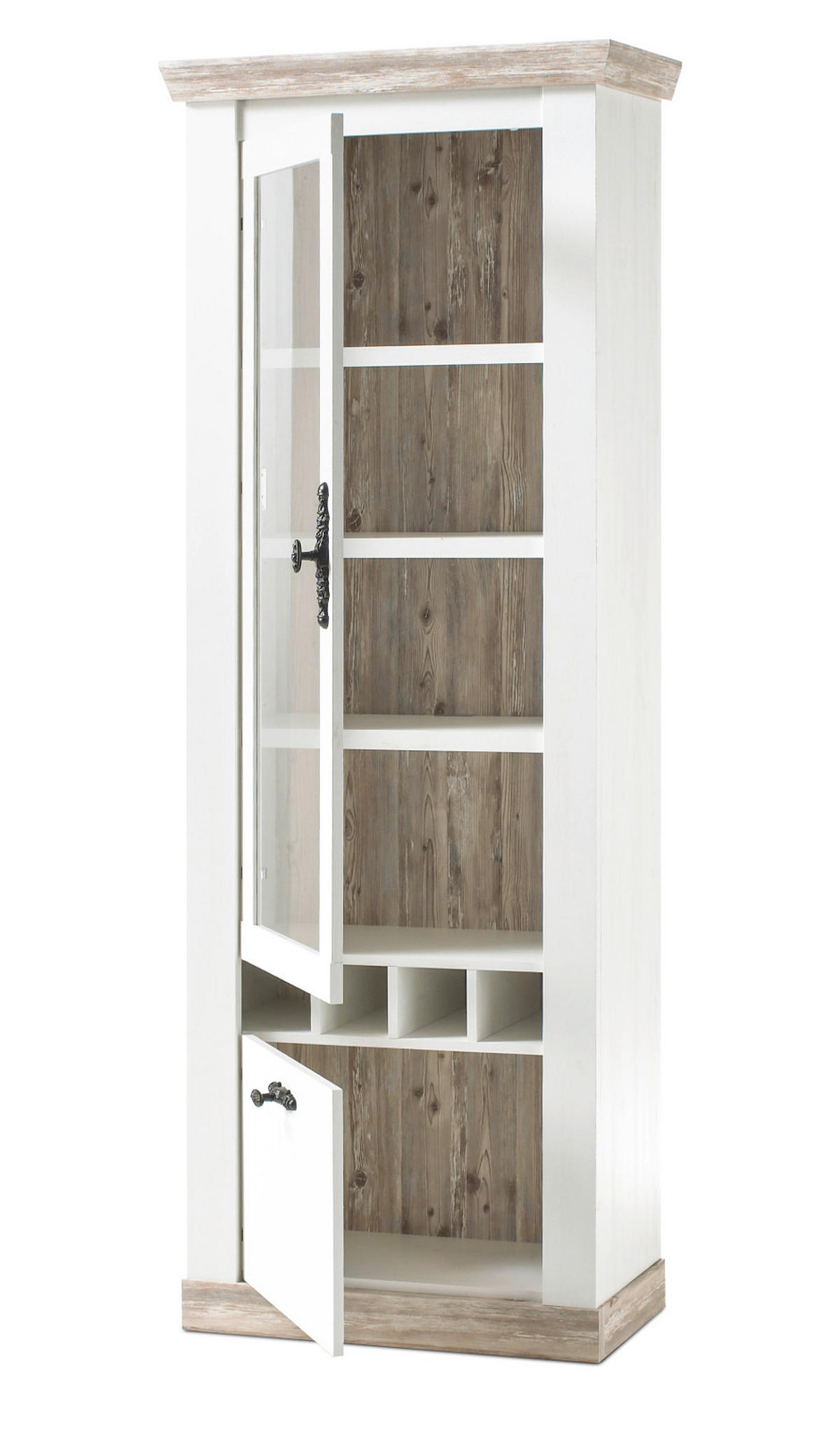 VITRINE Pinie weiß, Oslo Pinie Landhaus, Vitrinenschrank mit Weinregal, 71 x 201 cm - Anthrazit/Weiß, Holzwerkstoff/Metall (71/201/37cm) - Furn.Design