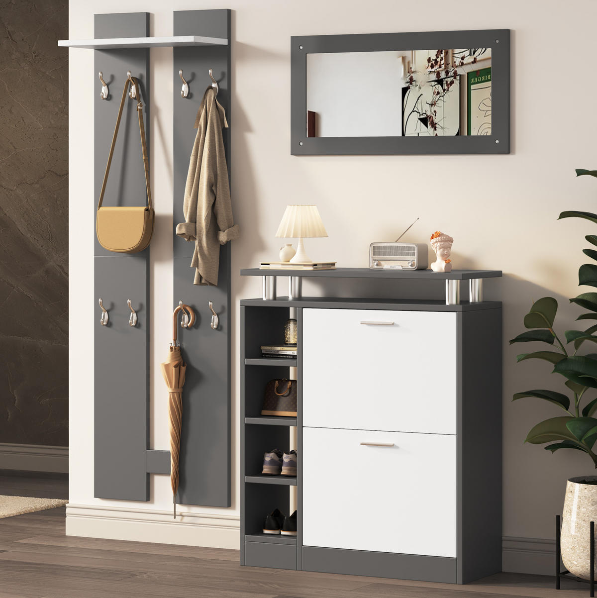 GARDEROBENSET 80/25/96,5 cm aus Spanplatte mit Spiegel und verstellbarem Schuhschrank Grau/Weiß - Weiß, Holzwerkstoff (80/96/25cm) - Modenvie