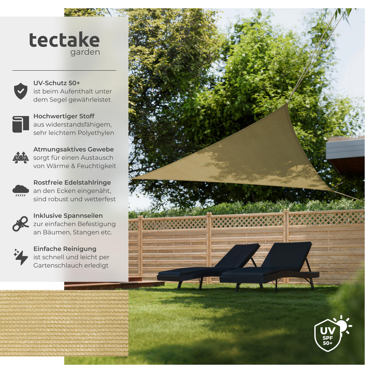 SONNENSEGEL ,inklusive Spannseile,beige - Beige, Kunststoff (400/400cm) - tectake