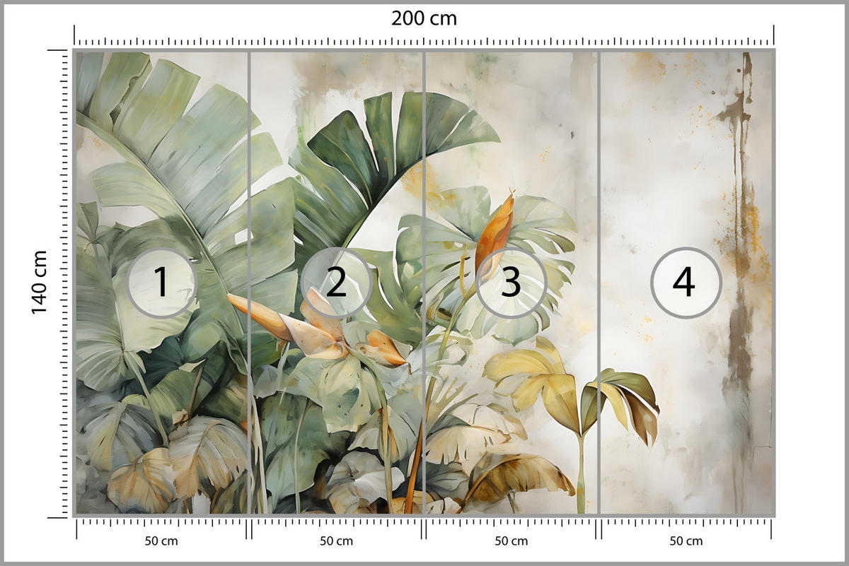 FOTOTAPETE für Wohnzimmer Exotische Blätter Abstrakt Pastell 200x140 - Gelb/Beige, Papier (200/140cm) - Muralo