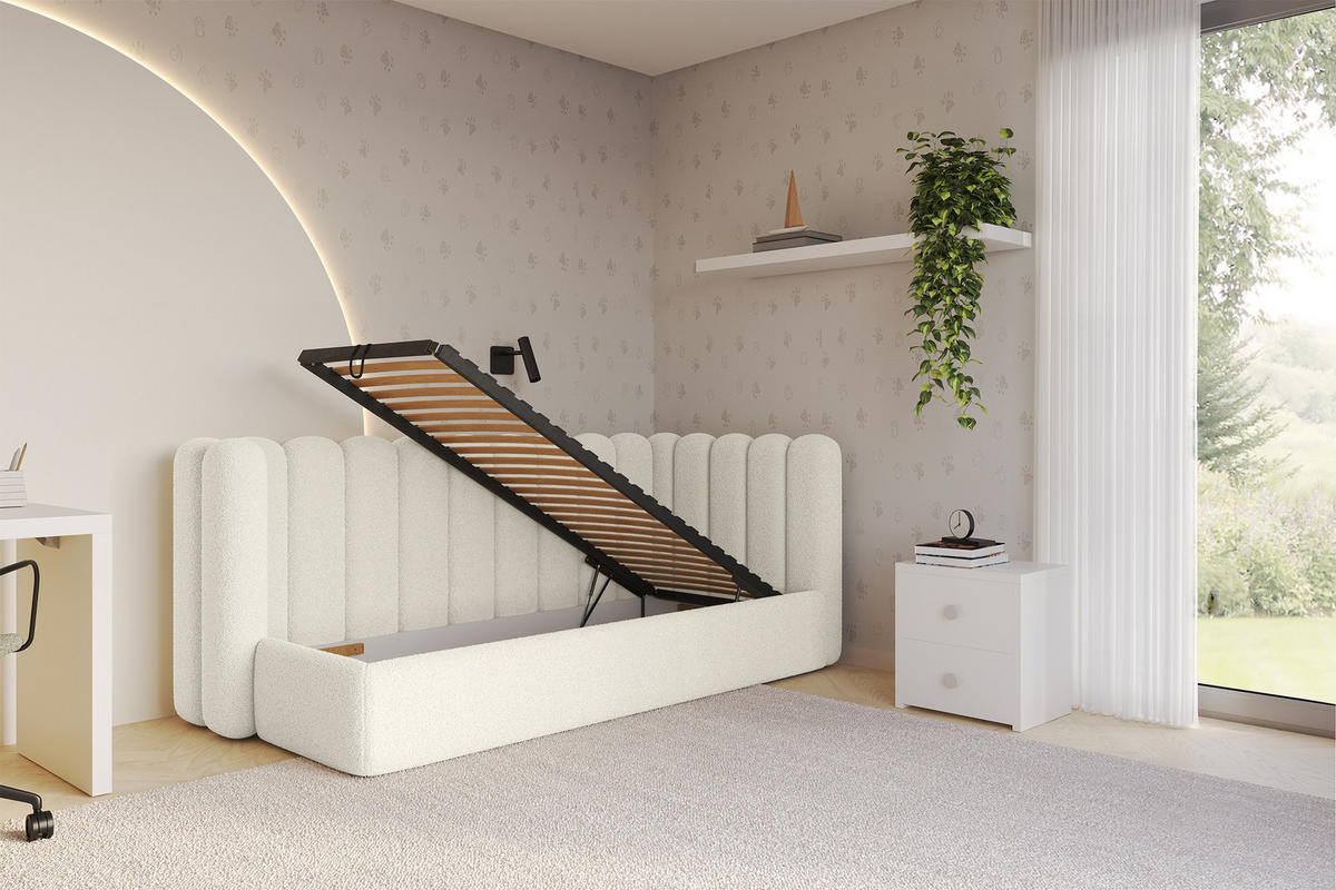 EINZELLBETT Jugendbett mit Bettkasten und Matratze H3/H4, Links - HUGY 100x200 Beige - Champagner, Holzwerkstoff/Textil (100/200cm) - ALTDECOR