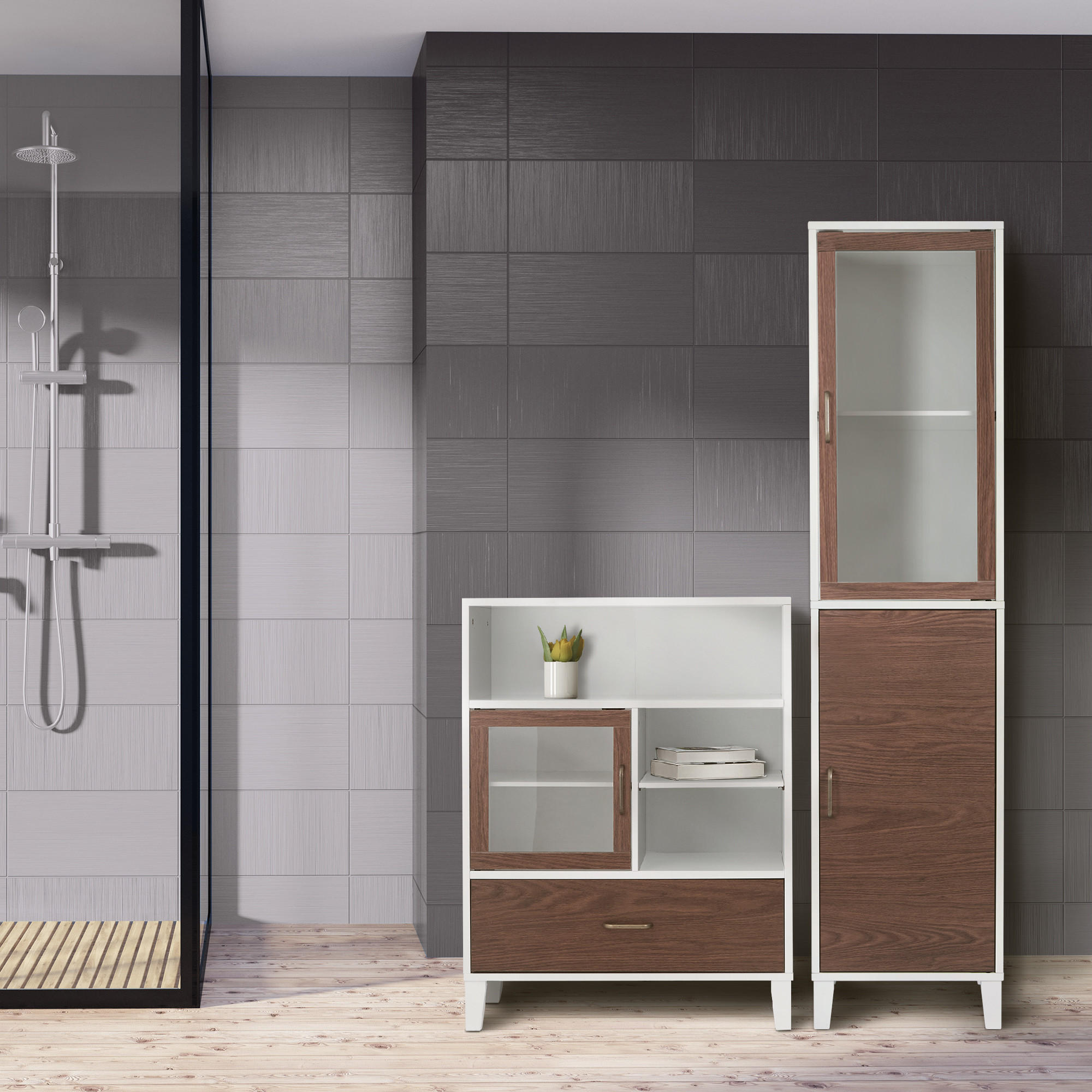 Thumbnail - Teamson Home Hochschrank, Weiß, Holzwerkstoff, 38.1x166.4x33 cm, Badezimmer, Badezimmerschränke, Hochschränke