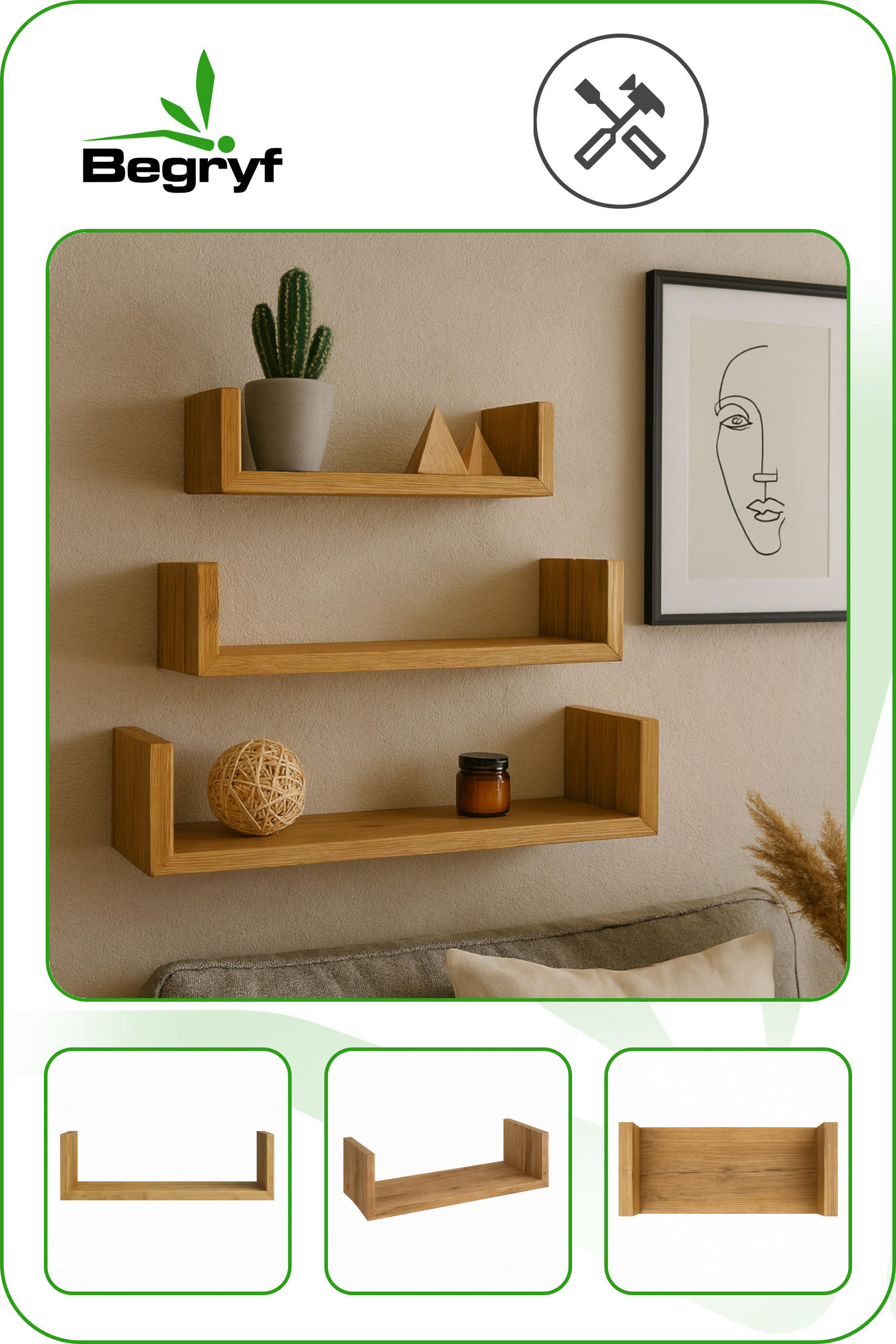 WANDREGAL Holzoptik Erlefarben 3er-Set U-Form 30/45/60 x15x10 cm - Erlefarben, Holzwerkstoff (60/10/15cm) - Begryf