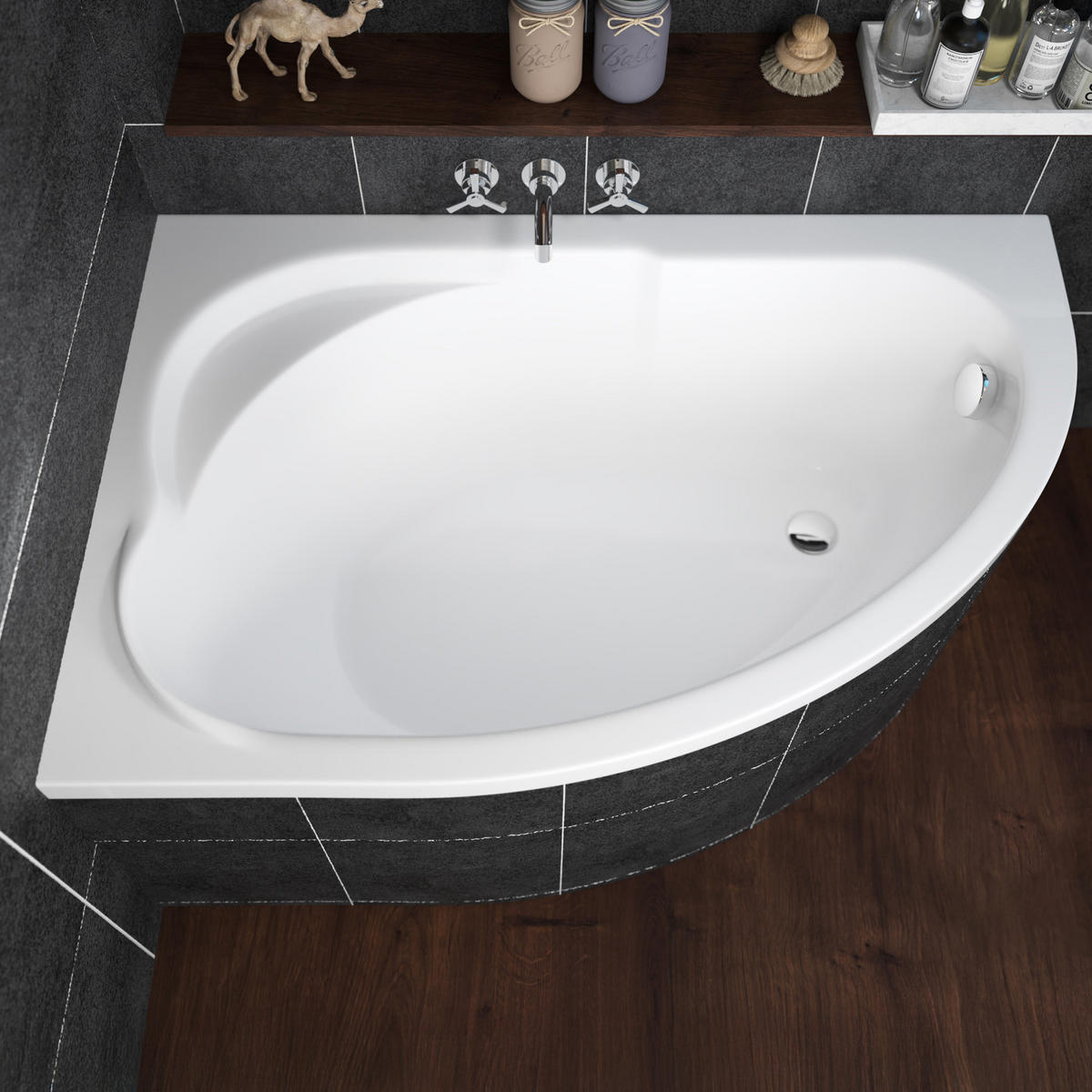 BADEWANNE Eckwanne STANDARD 130/85 Rechts mit Styro Ablauf Füße - Weiß, Kunststoff (85/53.5/130cm) - bad land