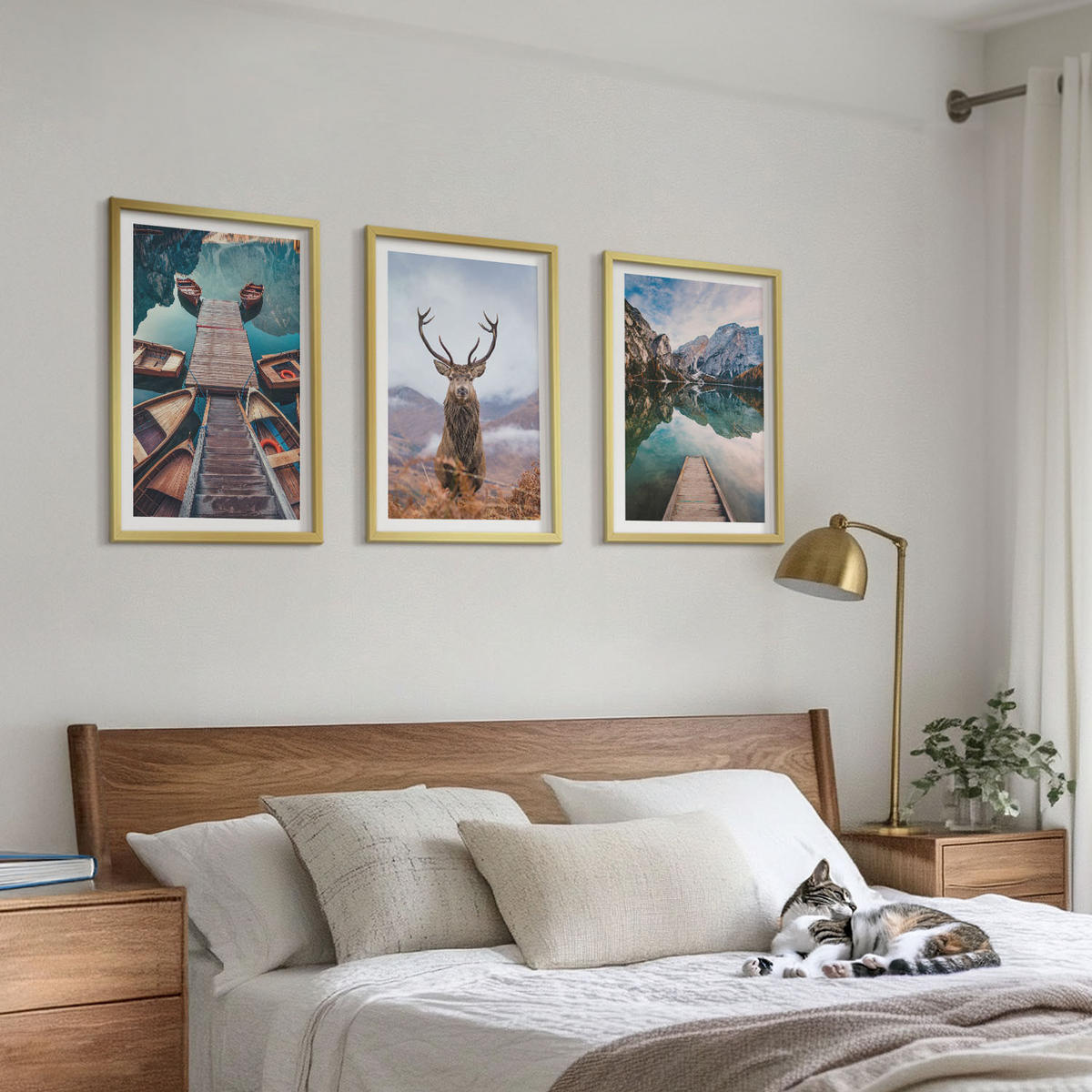BILDER SET 3er Set - 40x60 cm Goldrahmen - Seeboote Hirsche Berge - Goldfarben, Kunststoff (40/60cm) - TULUP