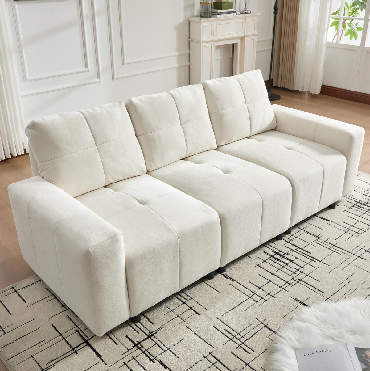 SCHLAFSOFA 213/94/84 cm mit verstellbarer Sitztiefe und Schlaffunktion, Chenille-Bezug, Beige-Weiß - Beige, Kunststoff (213/84/94cm) - Redom