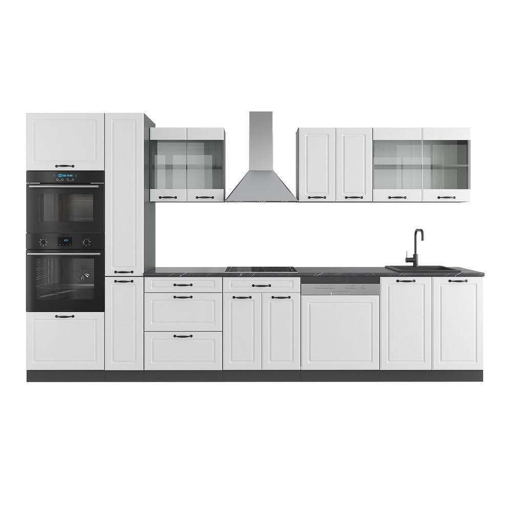 Vicco KUCHYŇSKÝ KOUT R-Line Bílý venkovský dům/antracit 350 cm s vysokou skříní, bez pracovní desky
