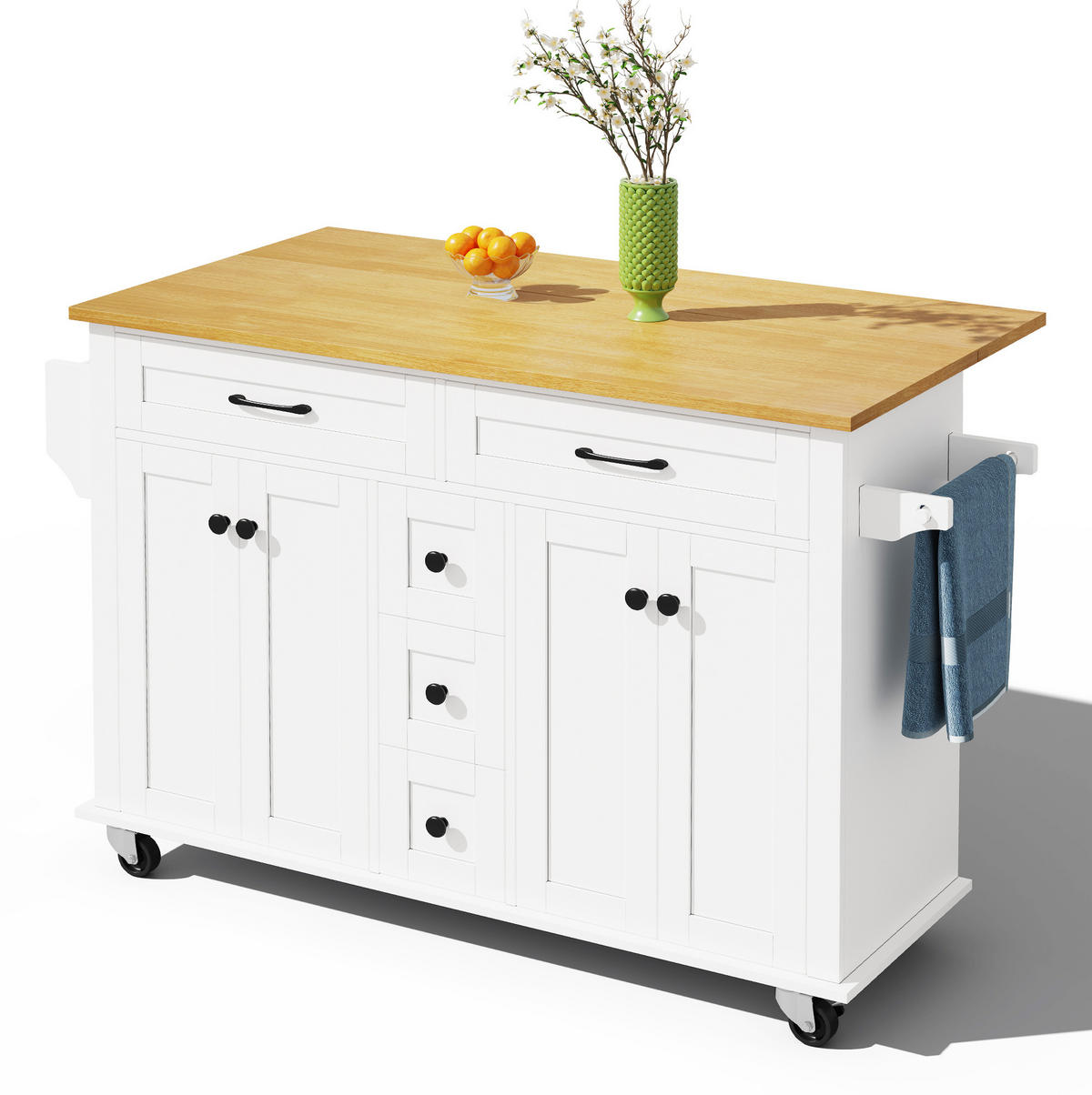KÜCHENINSEL 140/40(65)/89 cm mit ausklappbarer Arbeitsplatte, 5 Schubladen und Rollen aus MDF, Weiß/Natur - Weiß, Holzwerkstoff (140/89/65cm) - Redom