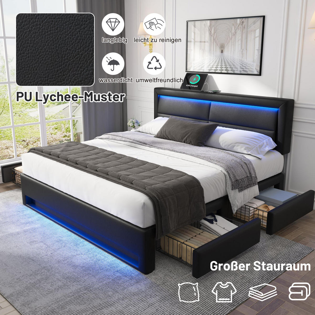 ČALÚNENÁ posteľ z PU 140x190 cm čierna s LED osvetlením, USB nabíjaním a úložnými zásuvkami - čierna, plast (140/190cm) - Modfu
