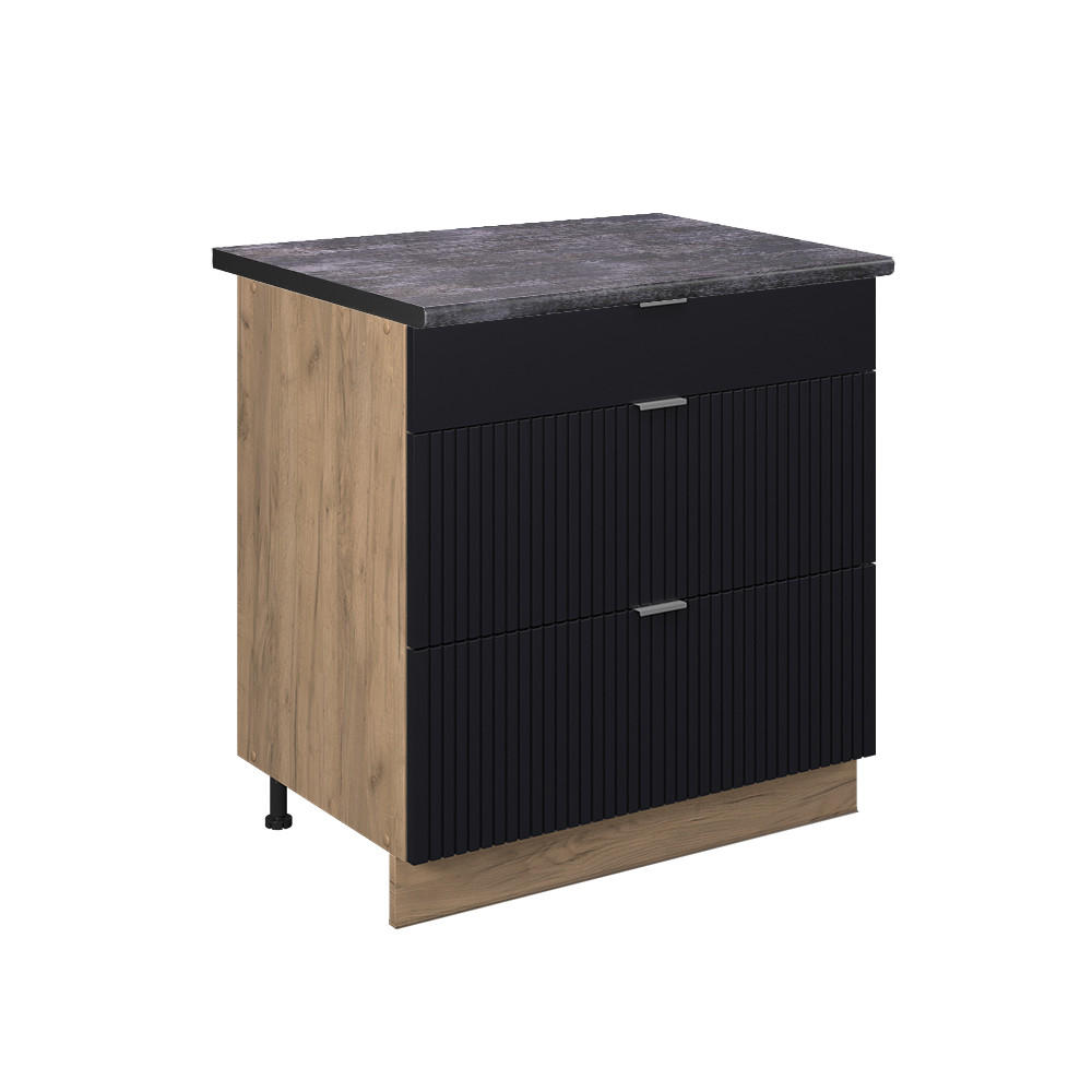KÜCHENUNTERSCHRANK Fame-Line, Schwarz gestreift, 80 cm mit 3 Schubladen, AP Anthrazit - Honigeiche/Eiche Wotan, Holzwerkstoff (80/82/60cm) - Vicco