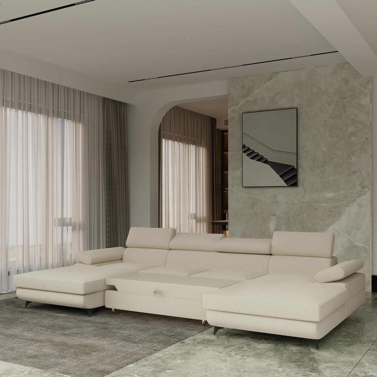 WOHNLANDSCHAFT DETTI Creme Boucle-Stoff mit Schlaffunktion - Creme, Holz (339/89/190cm) - MASSENO