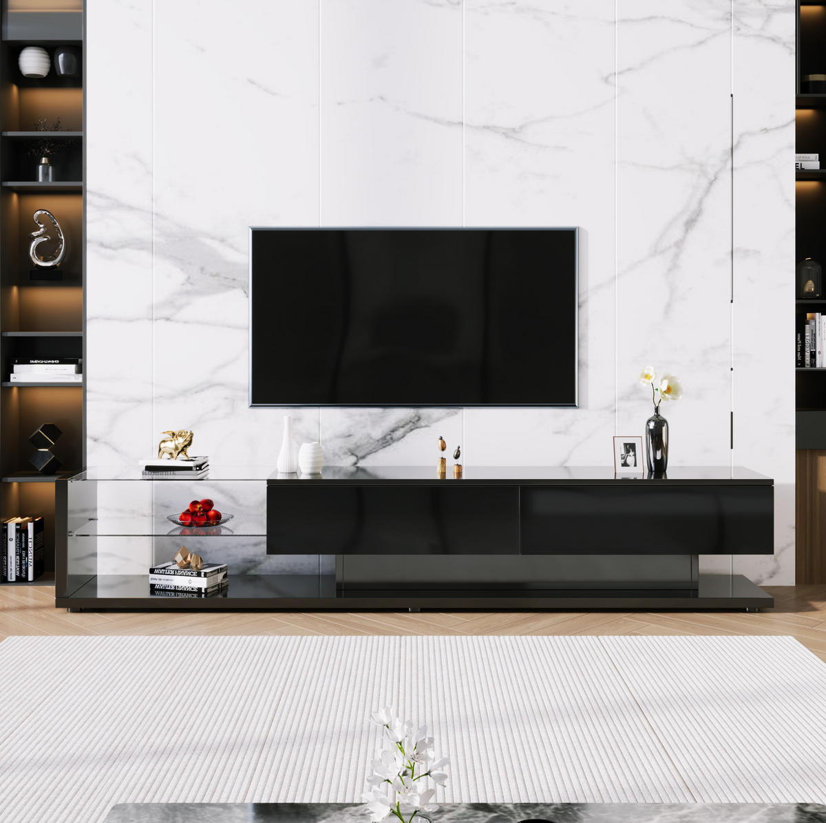 TV-LOWBOARD aus Spanplatte 170x36x38 cm Schwarz mit Hochglanzoberfläche, LED-Beleuchtung und 2 Schubladen - Schwarz, Holzwerkstoff (170/38/36cm) - IVMEU