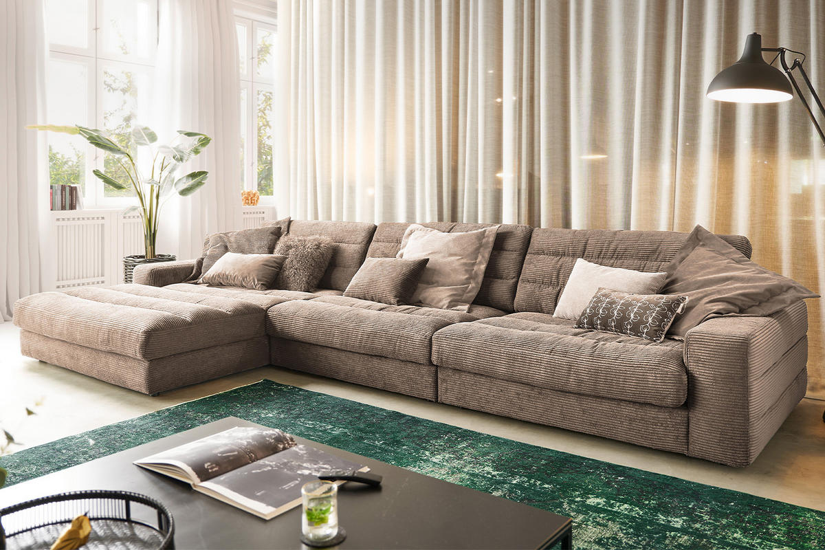ECKSOFA XL LANA Taupe Cord - Taupe/Schwarz, Textil (416/205cm) - KAWOLA