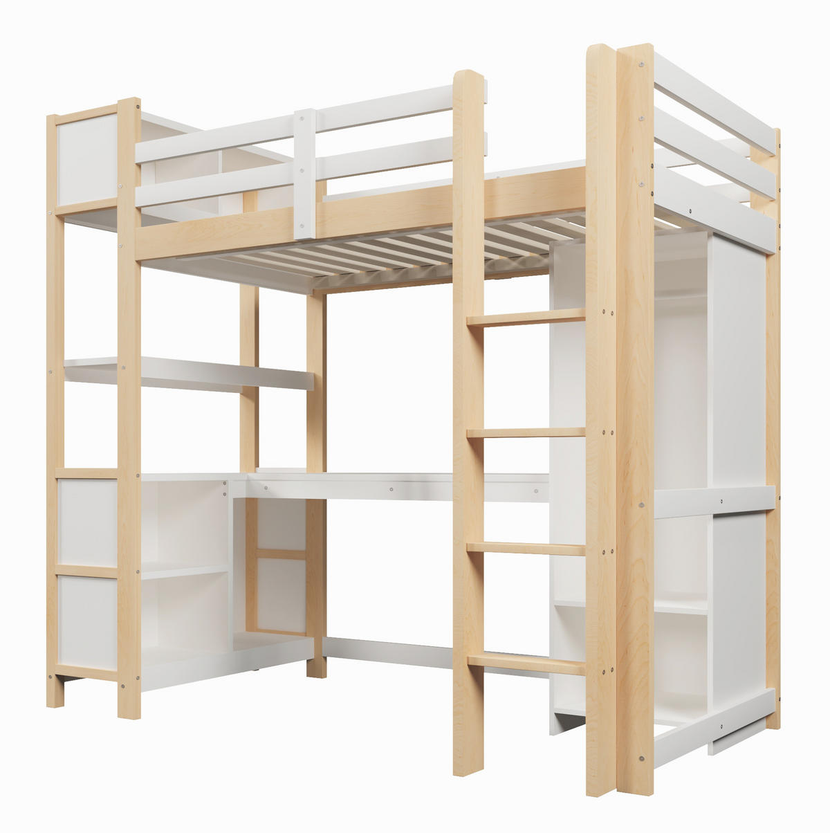 HOCHBETT 90x200 cm in Natur mit Schreibtisch, Regal und Kleiderschrank - Naturfarben, Holz (90/200cm) - IVMEU
