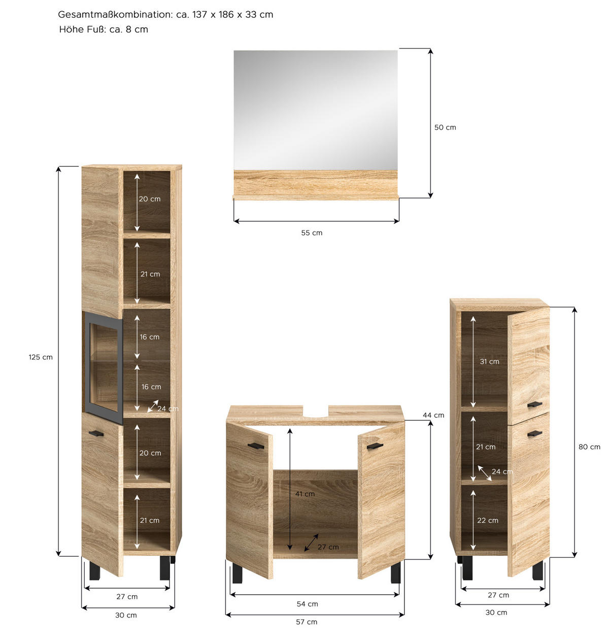 BADMÖBEL-SET Eiche 4-teilig 140 cm, Komplettset hängend oder stehend - Eichefarben/Schwarz, Glas/Holzwerkstoff (137/186/33cm) - Inn.Furn