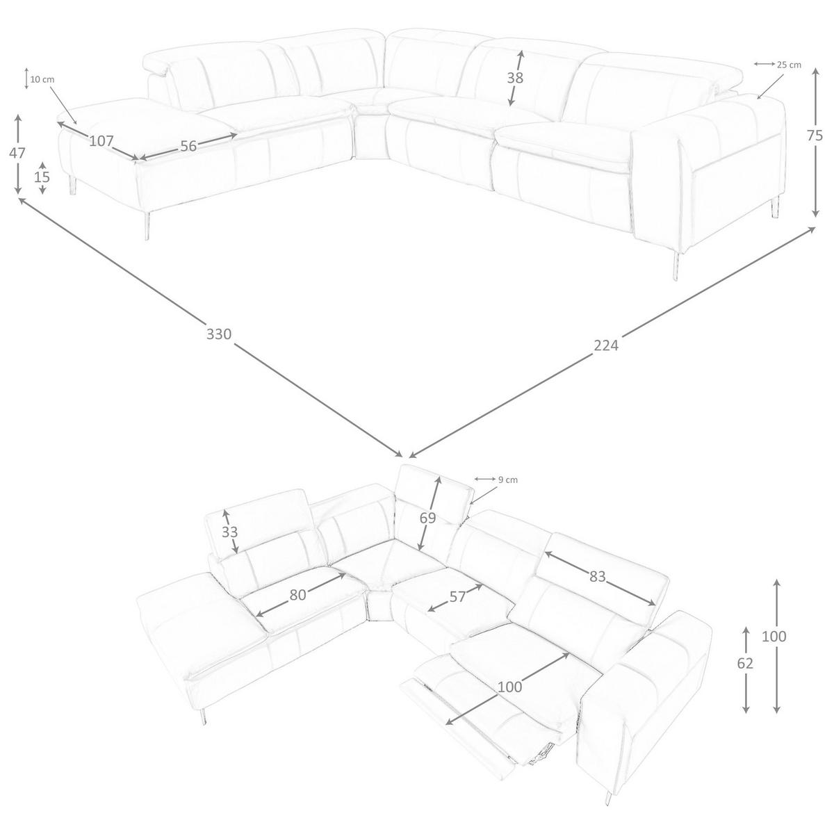 ECKSOFA Ecke Grau Geschwärzter Stahl 330/224/100 cm - Grau, Leder (330/224cm) - ANGEL CERDA
