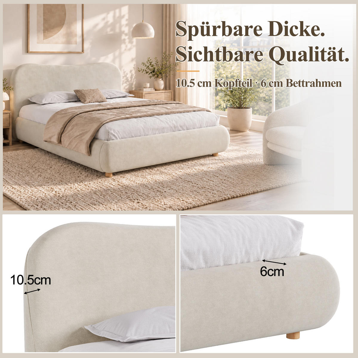 POLSTERBETT 180x200cm, Creme, Samt, Stauraum - Creme, Textil (180/200cm) - FLIEKS