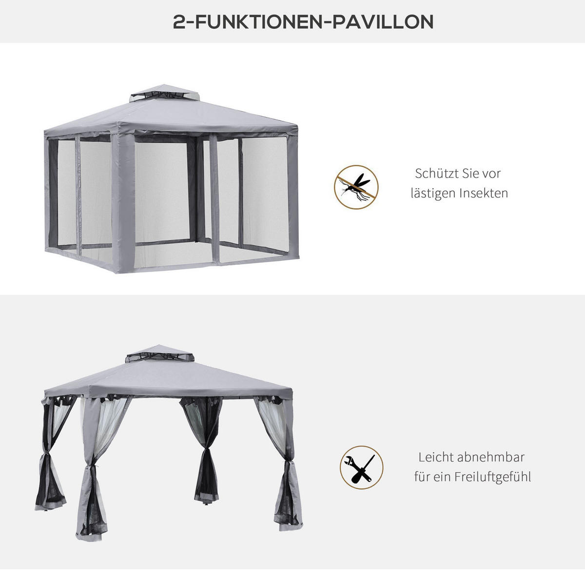 GARTENPAVILLON 294/294/265 cm mit Netzseiten, Doppeldach und Polyesterdach, Anthrazitgrau - Grau, Textil (294/265/294cm) - Redom