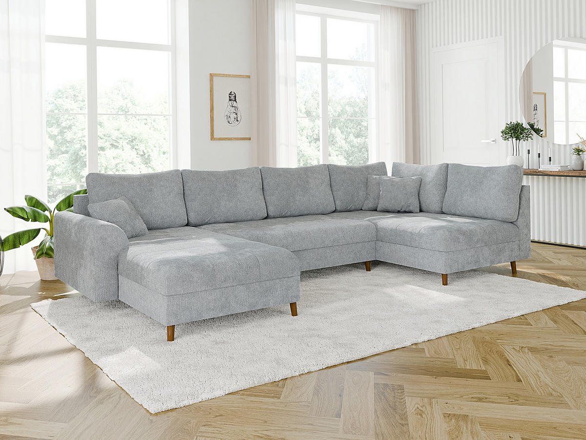WOHNLANDSCHAFT inkl. Hocker Sigurd Hellgrau Chenille - Hellgrau/Braun, Holz/Textil (310/81/161cm) - S-Style Möbel