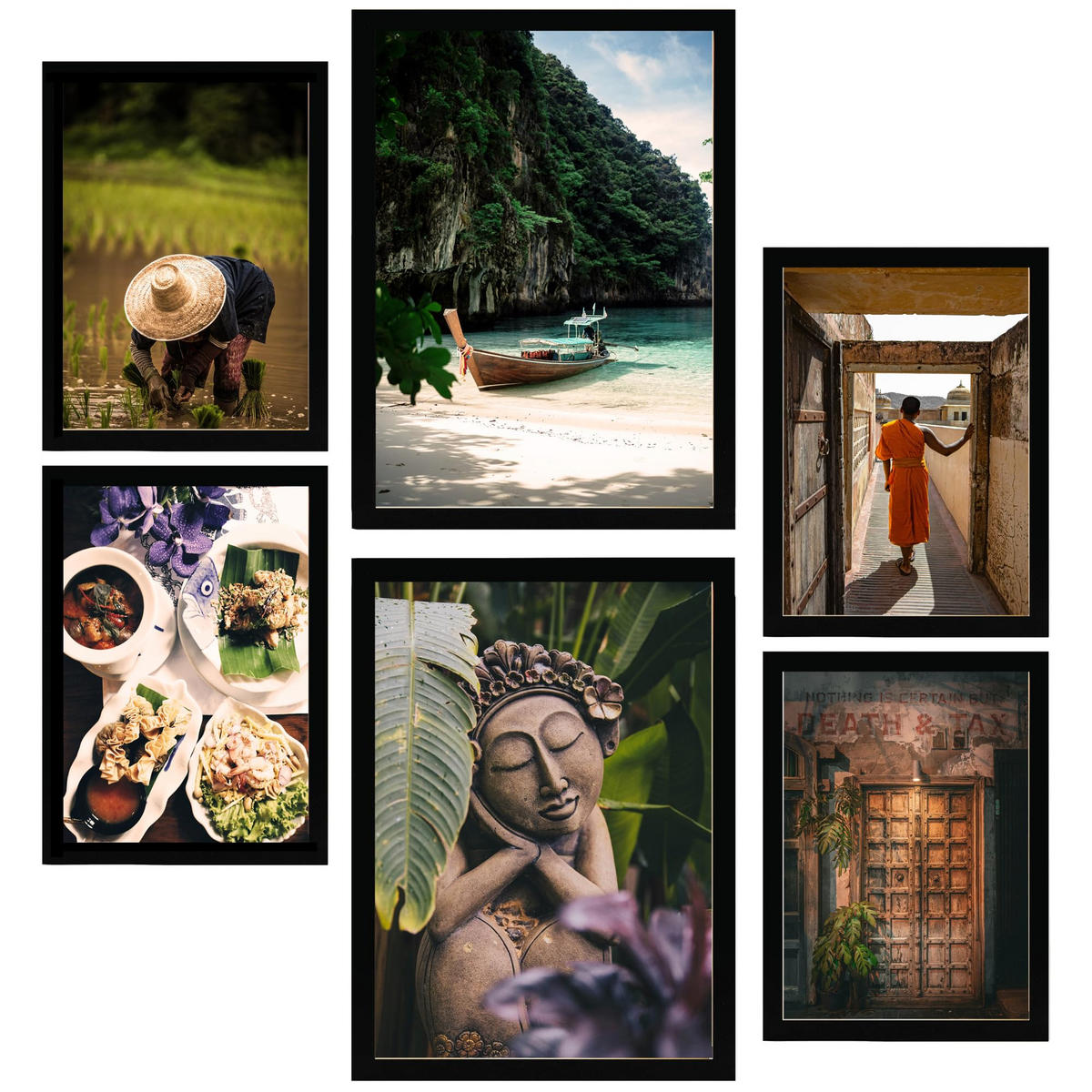 POSTER Set Mit 6 Herbst In Thailand Reisfelder Buddhismus & Kultur A3 & A4 Schwarzer Rahmen - Schwarz, Papier (29/3cm) - Nacnic