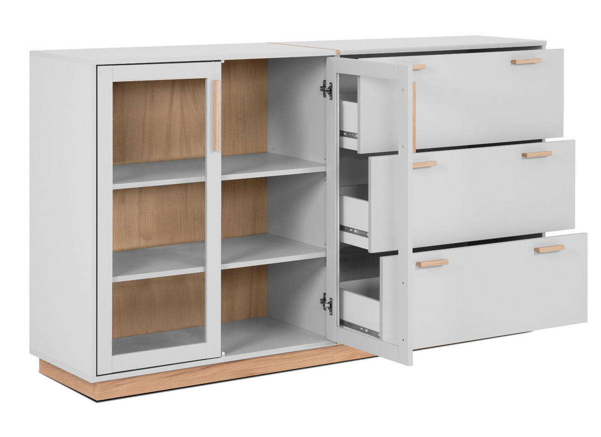 SIDEBOARD grau, Hickory Walnuss 163 cm, Kommode mit Glastüren - Walnussfarben/Grau, Glas/Holzwerkstoff (162.5/94/40cm) - Furn.Design