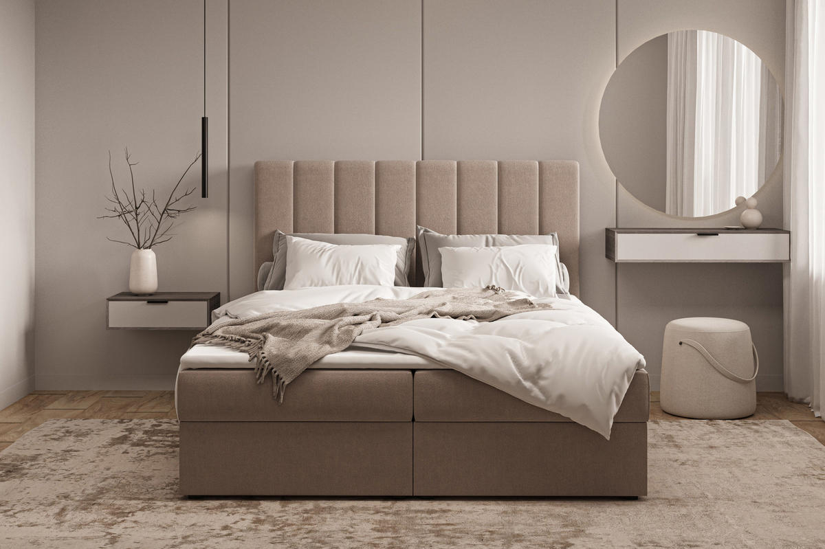 BOXBETT 01 140 x 200 cm - Manila – Stilvoll und bequem Mit Bettkasten, PU-Topper, Federmechanismus, waschbarer Bezug - Braun, Holz (140/200cm) - ROYAL24_MARKT