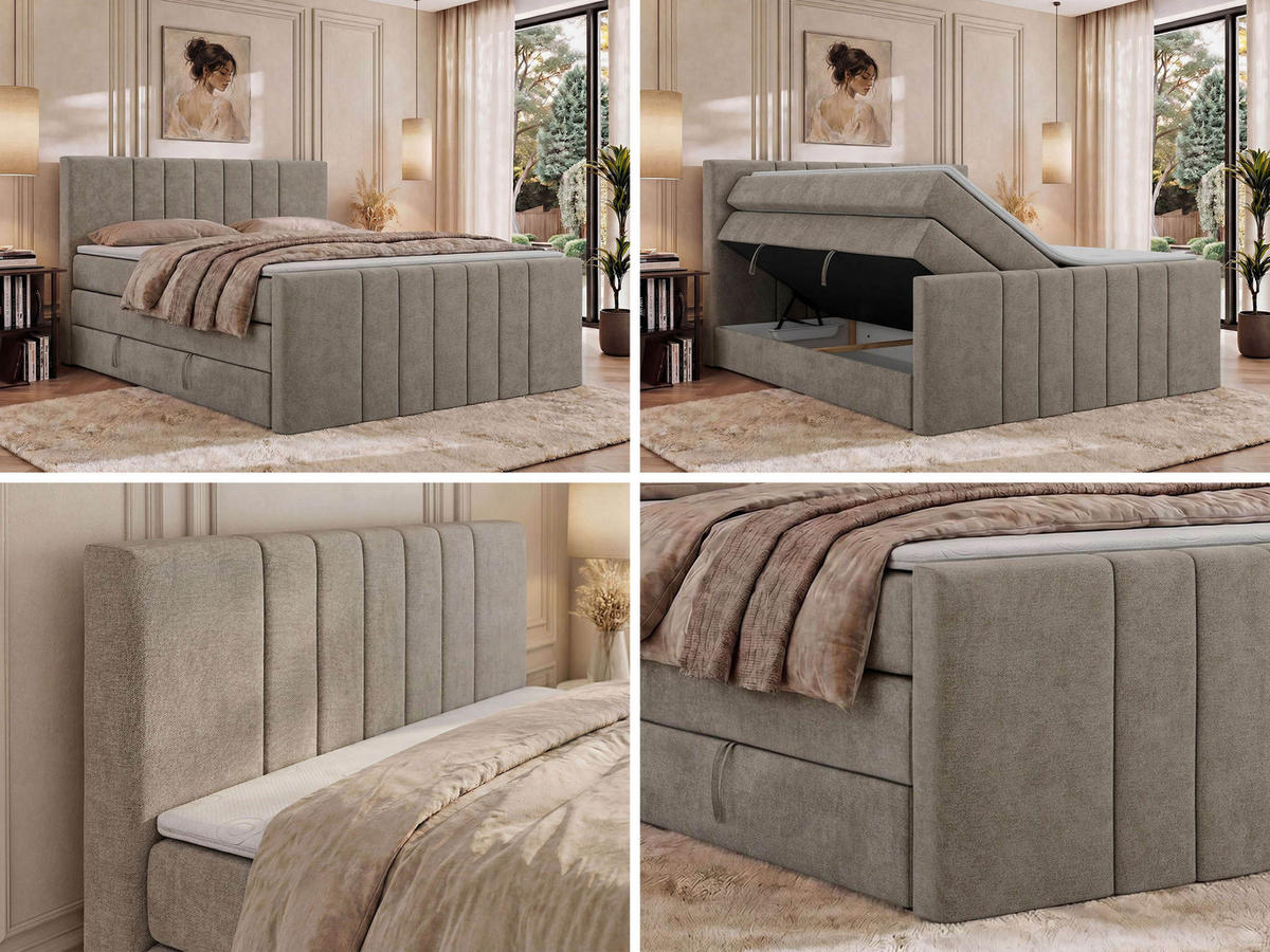 BOXSPRINGBETT INERO DUO KING 180/200 - Greige Stukture - Topper Visco - H3 - Greige/Schwarz, Kunststoff/Textil (180/200cm) - MKS