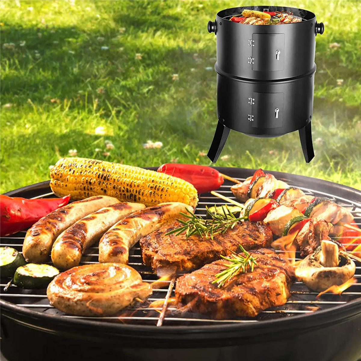 HOLZKOHLEGRILL Räucherfass Grill mit Thermometer BBQ - Schwarz, Metall (44.5/80cm) - Kaket