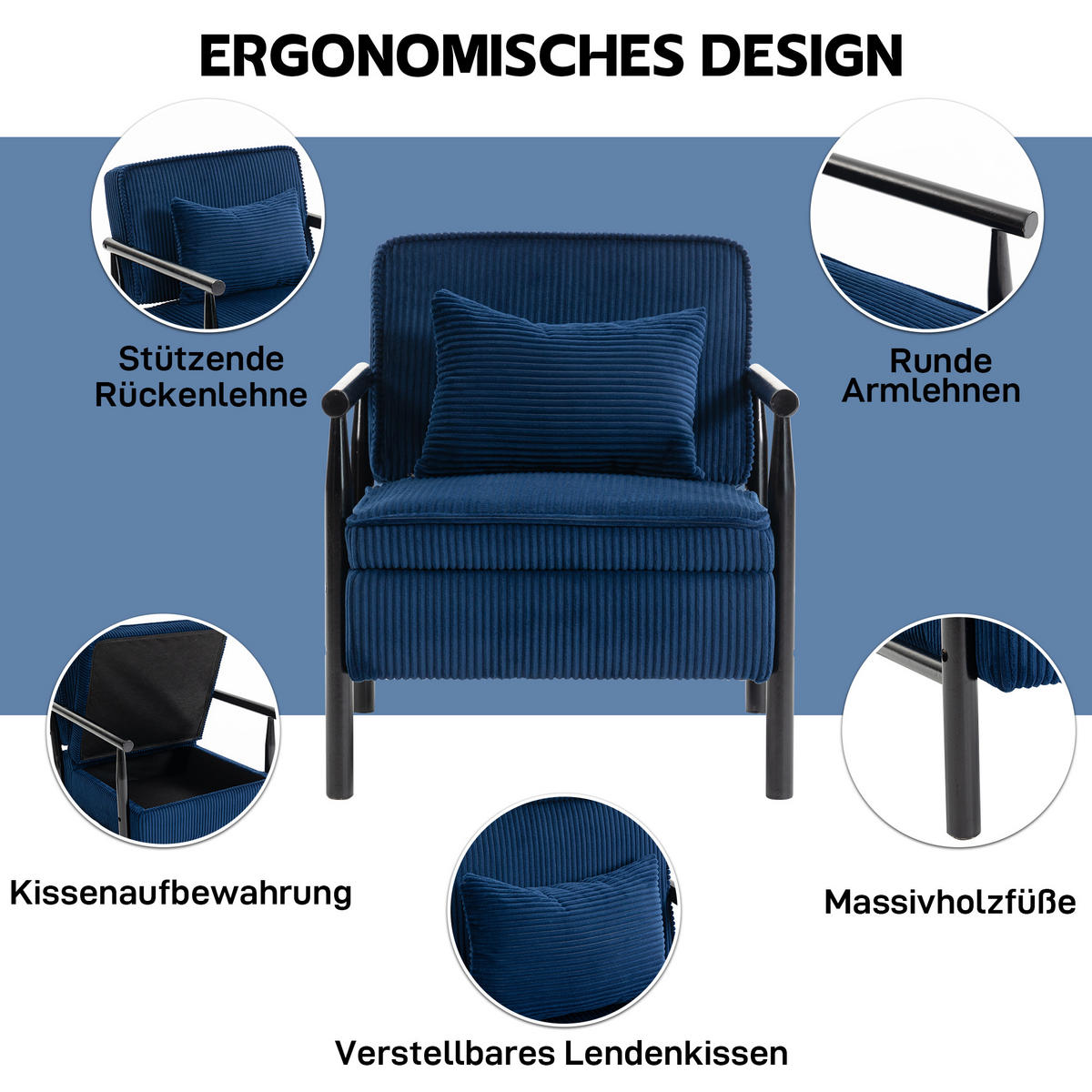 SESSEL Samt Blau mit Lendenkissen und Ablage - Blau, Holzwerkstoff/Textil (93/73/66cm) - WISHDOR
