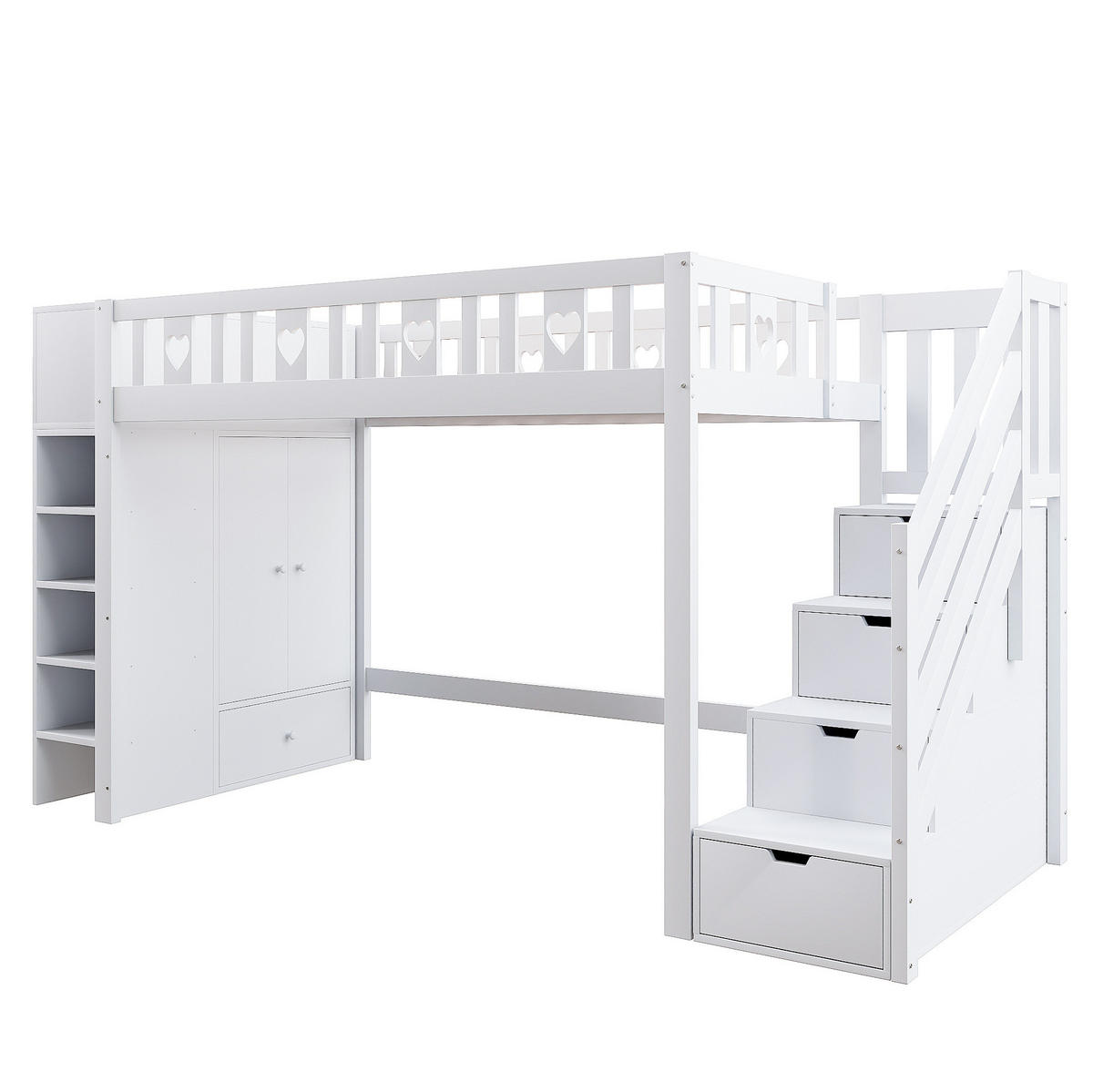 HOCHBETT 90/200 cm mit Stauraumleiter, Regalen, klappbarem Stauschrank und herzförmigem Geländer, Weiß - Weiß, Holzwerkstoff (90/200cm) - Redom